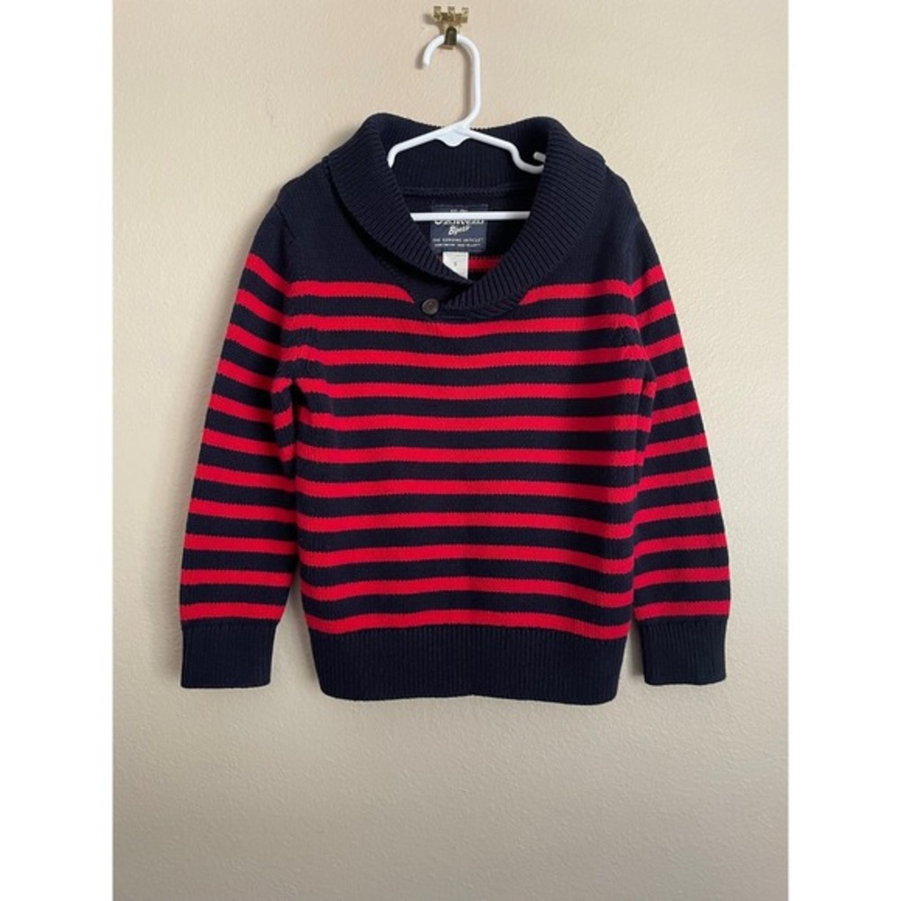 OshKosh B'gosh Boys 5 Navy Red Chunky Knit Striped Shawl Sweater Nautical Preppy
